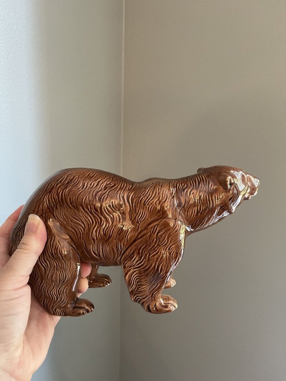 Vintage Ceramic Bear Figurine Brown Glaze Handcrafted 1979 Animal Decor 7” Tall